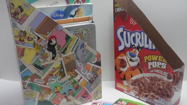 Organizador feito reciclando caixa de cereal e gibi – Alinne Marques