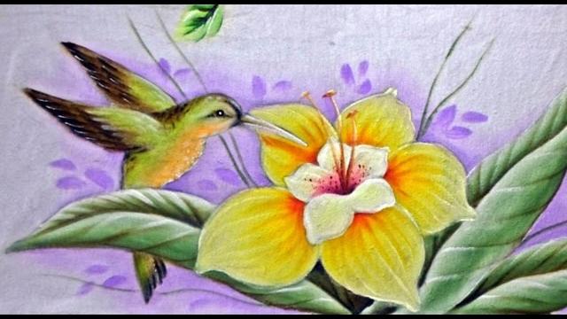 Pintando – Beija Flor e Lírio – No Tecido