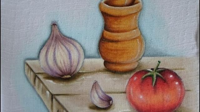 Pilão, Alho e Tomate – Pintura em Tecido