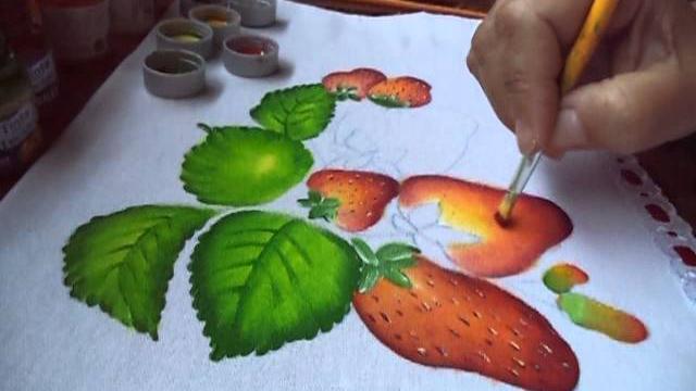 Pintura p/ iniciantes de morangos e folhas