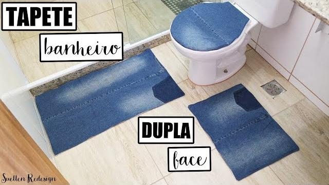 Conjunto de tapetes para banheiro dupla face feito com jeans reutilizado