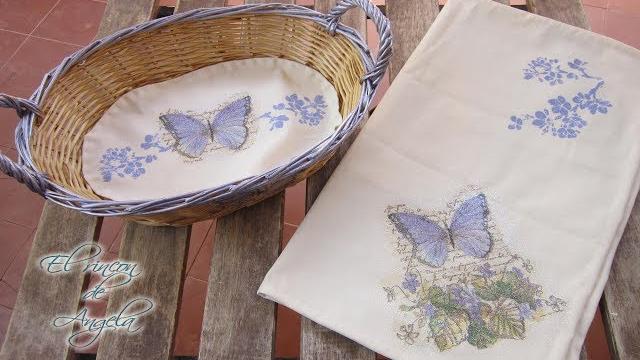 Decoupage y pintura sobre tela , mantel individual y tapete con cesto – Le petit papillon