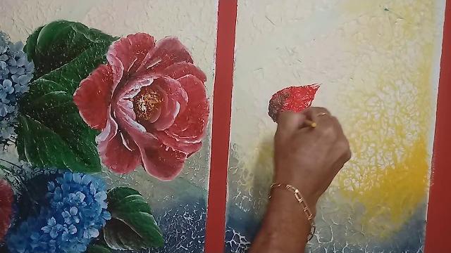 Aprenda a Pintar na Parede Folhas Hortênsias e Rosas