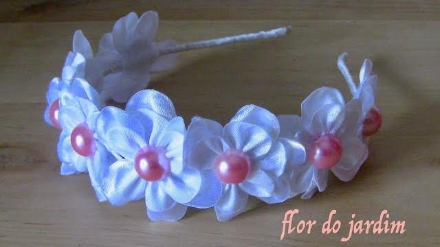 Tiara com flores e meia pérolas- How to make satin ribbon roses