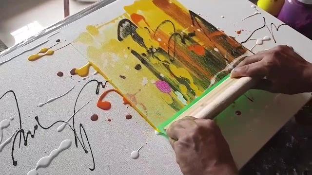 Abstract painting – Just using rubber Squeegee – Acrylics – Demonstration