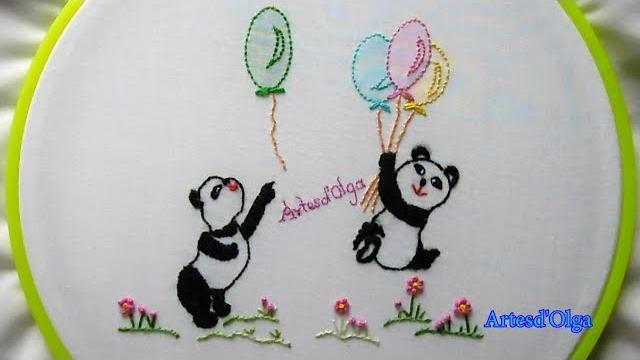 Bordado à mão para Bebê: Pandas com balões