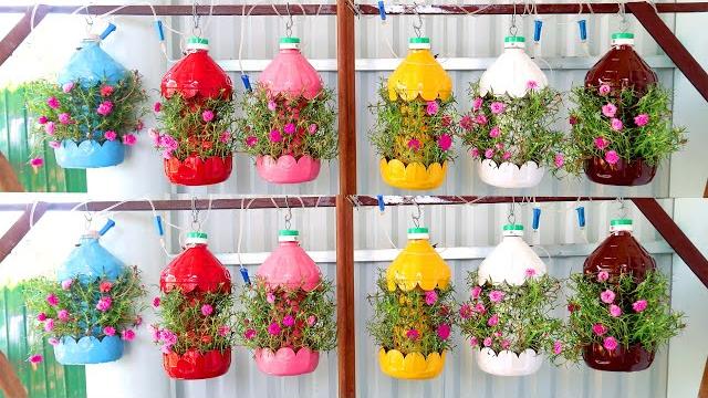 Jardim Suspenso Colorido de Garrafas de Plástico Recicladas