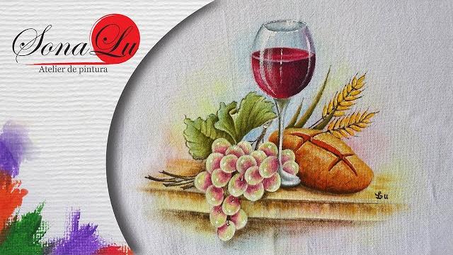Taça de Vinho, Pão e Uvas em Tecido por Sonalupinturas