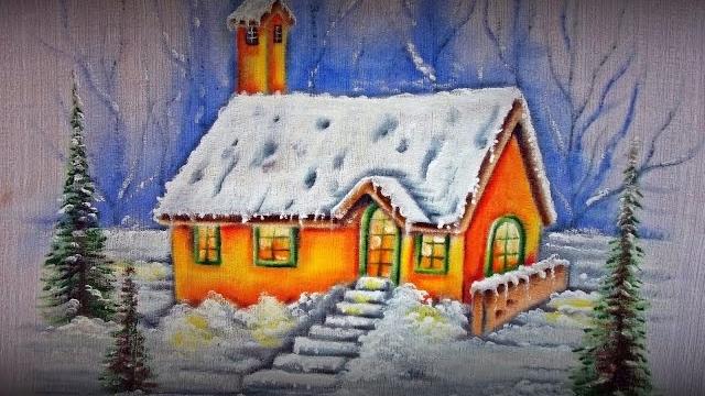 Casinha com Pinheiros e Neve – Pintura em Tecido