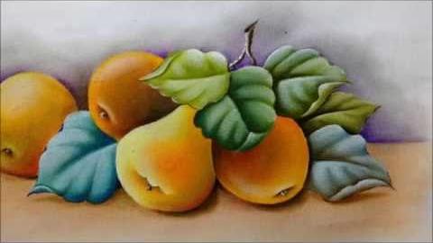 Laranjas, peras e folhas. Pintura em tecido. Cristina Ribeiro